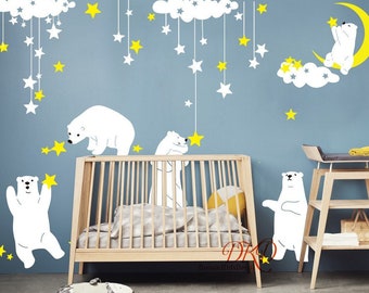 Bear Clouds Star Wall Decal Wall Sticker for Kids Room Nursery Baby Room Decor, Moon, Polar Bear, Star twinkles-DK387