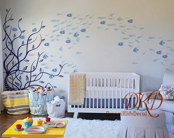 School of Fish Wall Decal for Nursery Kids Room Bathroom Decor, Rainbow fish wall stickers, Nautical Wall Decal, Under The Sea Wall Decor