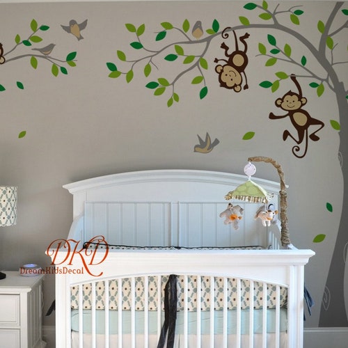 Boy Jungle Monkey Wall Decal Monkeys Birds and Name Decal Etsy