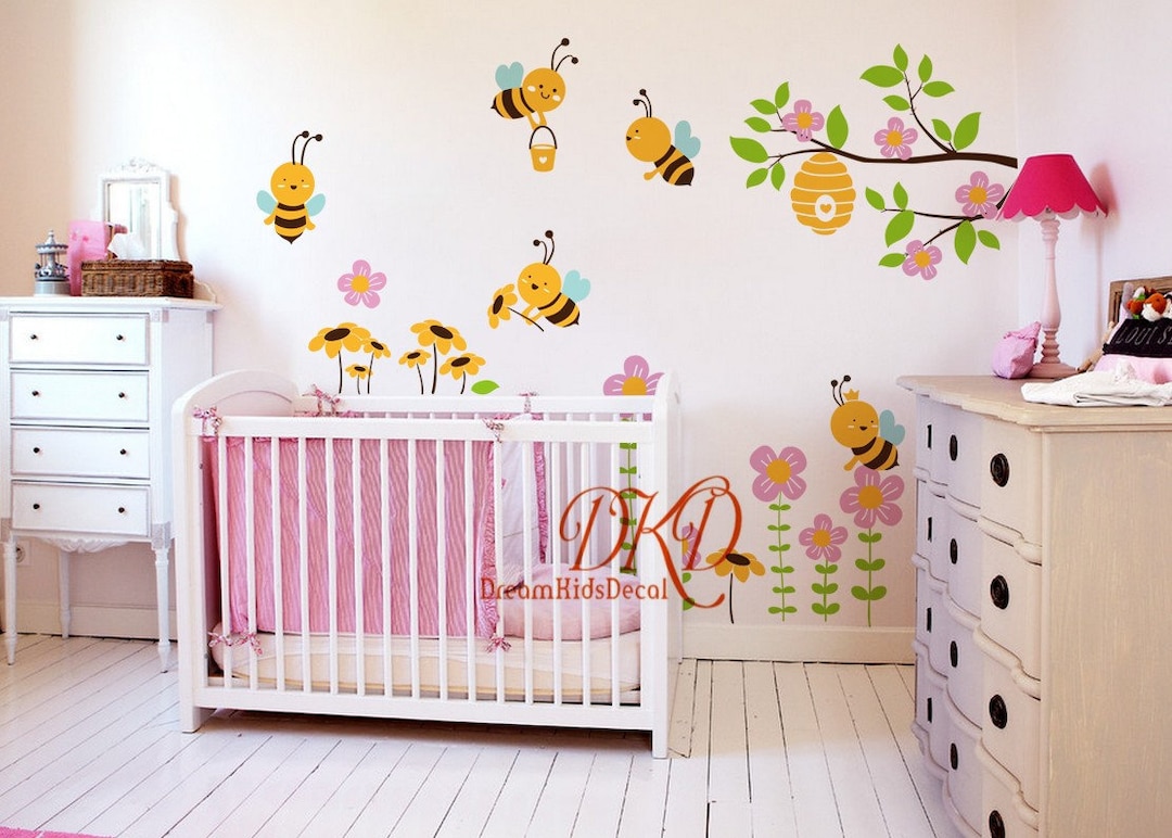 Nursery Wall Decal Wall Stickers Bees Set, Tree Branch, Flowers