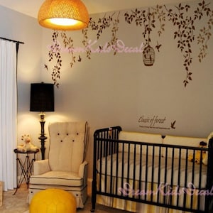 Nursery wall decal baby girl and name wall decals flowers wall sticker wedding office- vines birdcage and birds-DK055