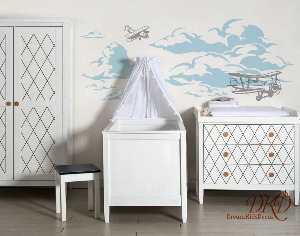 Airplane Decal, Biplane Decal, Cloud Decal, Boys Nursery Wall Decal ...