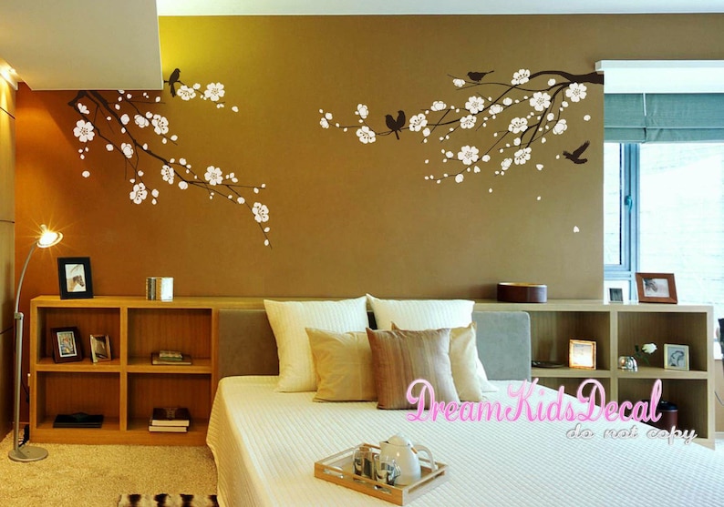 Cherry Blossoms Tree Wall Decal Floral Branch Decal with birds Birdcage-DK130 Cherry Branch Wall Sticker for Home Decor