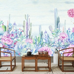 Watercolor Wall Mural, Cactus flowers Tropical watercolor Murals, Peel & Stick Removable Wallpaper, Wall Decal, Wall Stickers--138&quot; x 79&quot;