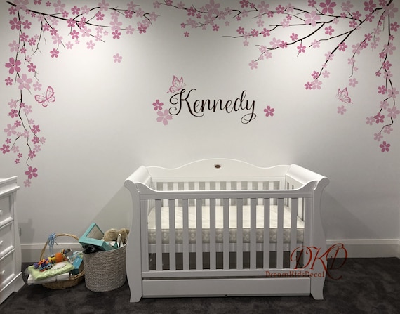 Nursery Wall Decal Wall Sticker Hanging Tree Branch With Personalized Name  for Girls Room-cherry Blossom Branch With Butterfly-dk402 