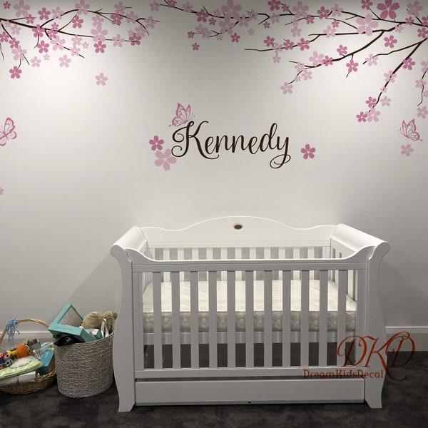 Nursery wall Decal Wall Sticker Hanging Tree branch with Personalized Name for Girls room-Cherry blossom branch with butterfly-DK402