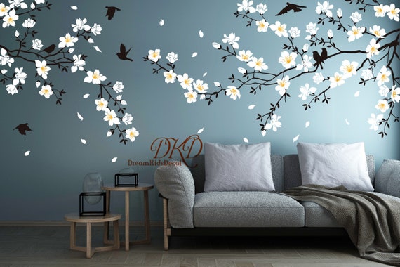 Blue Peach Blossom & Birds Wall Decals - 3D Watercolor Floral Tree Stickers, Peel & Stick For Bedroom, Nursery