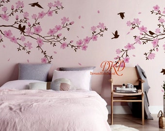 Nursery Wall Decal Cherry Blossom Tree Vinyl Decal Wall Sticker, Tree with Birds-Cherry Tree Wall Art