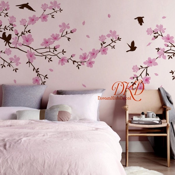 Nursery Wall Decal Cherry Blossom Tree Vinyl Decal Wall Sticker, Tree with Birds-Cherry Tree Wall Art