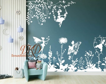 Fairy Wall Decal, unicorn wall decal, Flower Fairy Nursery Fairytale Sticker, Girls Room Stickers, Fairy forest wall decal Home decor