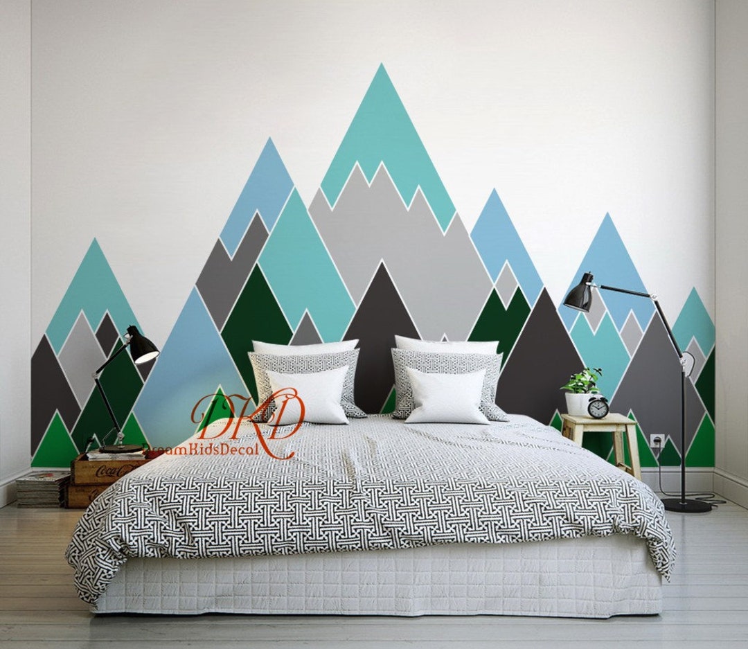 Mountain Wall Decal, Mountain Decal, Mountain Wall Art, Geometric Mountain,  Mountains Nursery Baby Room Teal Blue Green Wall Art-dk340