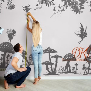 Fairy flowers tree decal, Fairy decals, Cartoon mushroom, fairy wall sticker, Gnomes wall decal, fantasy wall decals for girls room-DK536