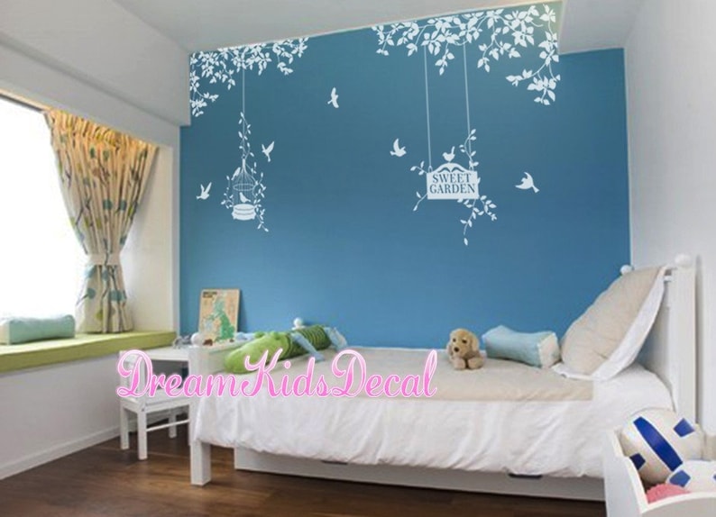 Wall Decals Nursery Wall Sticker Home Wall Decor-Side Corner branch with birdcage Tree with birds