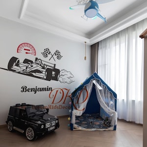 Racing Car Flags Wall Decal Sticker Boys Kids Bedroom Vinyl Wall Decor, Race Theme Nursery, Custom Name Wall Decal