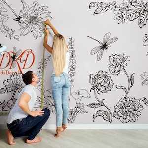 Beautiful Flowers with dragonfly Hand Painted effect wall decal Nursery Wall Decal Sticker, Botanical Floral Black and White Home Decor