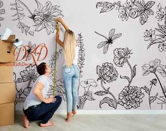 Beautiful Flowers with dragonfly Hand Painted effect wall decal Nursery Wall Decal Sticker, Botanical Floral Black and White Home Decor