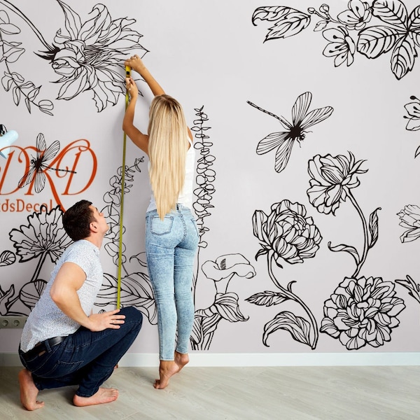 Beautiful Flowers with dragonfly Hand Painted effect wall decal Nursery Wall Decal Sticker, Botanical Floral Black and White Home Decor