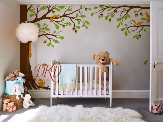 Nursery Wall Decal Wall Sticker-corner Tree Wall Decal-tree With Squirrel,  Top Tree, Pine Cones, Kids Room Wall Art-dk456 -  Canada