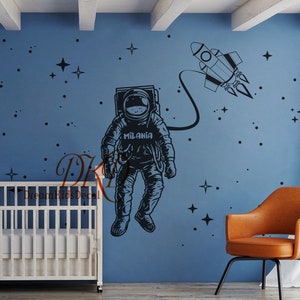 Personalised Astronaut Wall Decal-Rocket Nursery Decor Stars Sticker Spaceman with Children&#39;s Name Decal-Galactic Space Nursery-DK448