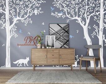 Tree Wall Decal Nursery Wall Decals-Tree with birds Fox Owls on the tree-Happy Garden-DK227