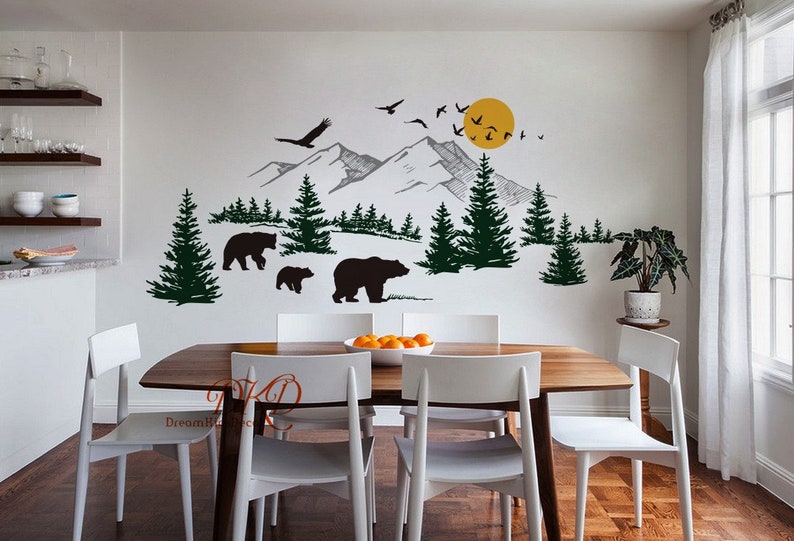Wall Decal Wall Sticker-Mountain landscape with Bear family, Pine tree wall art for Nursery image 3
