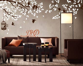 Wall decals, Nature Wall stickers, Nursery, New Branches with leaves, Birds, Birdcage, Wall Decor-DK312