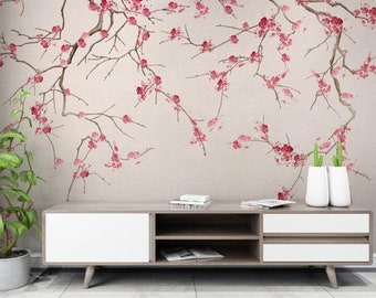 Chinoiserie Wallpaper Wall Mural, Self-adhesive Wallcovering, ink painting Branch from Ceiling on Cream Wall, Plum Tree branch, Red blossoms