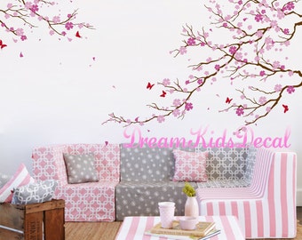 Wand-Aufkleber für Wohnzimmer, Wand-Aufkleber-Kindergarten, Wand-Aufkleber für Mädchen-Baby-Zimmer, rosa Blumen, Wand-Aufkleber Baum-Kirschblüten Baum-DK239