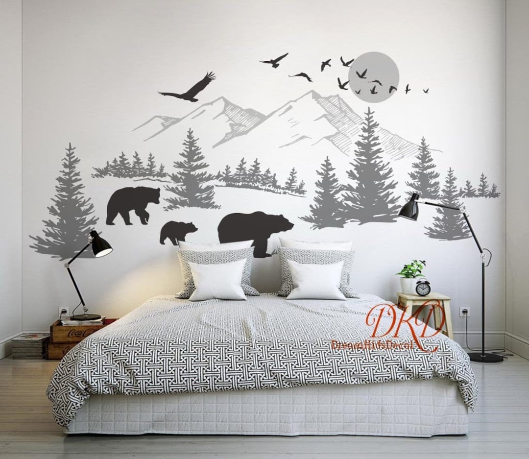 Wall Decal Wall Sticker mountain Landscape With Bear Family Pine Tree Wall Art for Nursery Etsy Canada