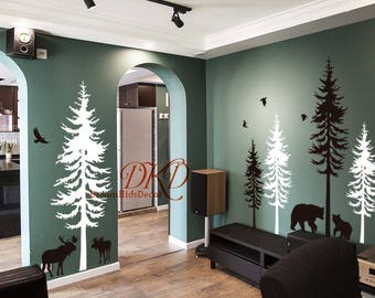 Woodland Nursery Decal, Pine tree decal, Vinyl Wall Decal Wall Sticker-Nature Forest, set of 5 trees with animals, moose, bear, birds