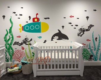 Under the Sea Nursery Wall Decal Sticker for Kids, scuba diver, Animals Whale Jelly Fish, Submarine, Octopus, Nautical Nursery, Corals-DK372