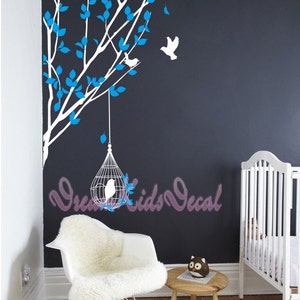 Nursery Wall Sticker Tree Wall Decal Branches Birds-Spring Tree Branch, birdcage, birds