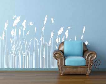 Grass Plant Wall Decal border, Nursery Wall Decal, room border decal, Nature Design Wall Mural, Modern Home Decor-dragonfly with Reed grass