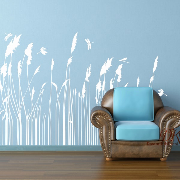 Grass Plant Wall Decal border, Nursery Wall Decal, room border decal, Nature Design Wall Mural, Modern Home Decor-dragonfly with Reed grass