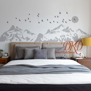 Mountain Scene Wall Decal Adventure Nursery Wall Decor Living room Wall Decal, Mountain Silhouette, Sun, Birds Woodland Wall Art-DK463