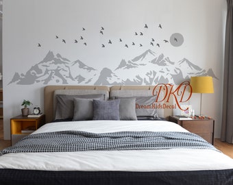 Mountain Scene Wall Decal Adventure Nursery Wall Decor Living room Wall Decal, Mountain Silhouette, Sun, Birds Woodland Wall Art-DK463