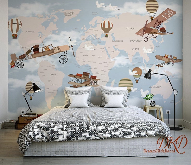 play room idea Airplane Helicopter Hand painted Map wall mural World map Wallpaper Mural with hot air balloon Baby room Nursery Decor