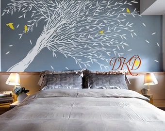 Large Tree Wall Decal, Tree in Wind, Tree and birds Vinyl Wall art for Kids room Wall mural effect, Living room Home Decor-DK526