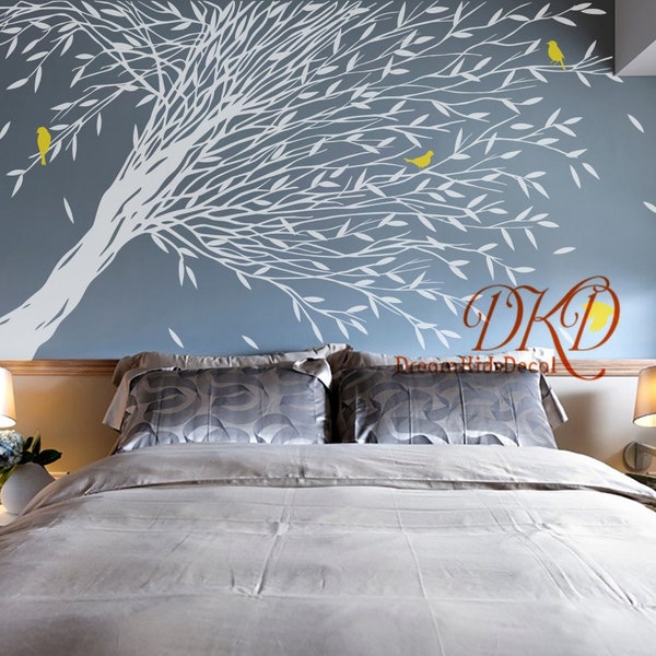 Large Tree Wall Decal, Tree in Wind, Tree and birds Vinyl Wall art for Kids room Wall mural effect, Living room Home Decor-DK526