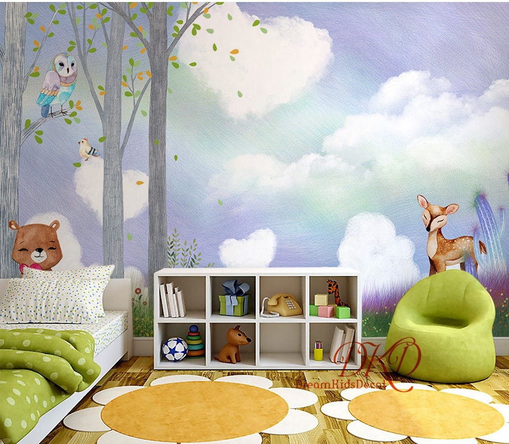 Kids Room Wallpaper Wall Mural Wall Coverings Grey Tree Etsy