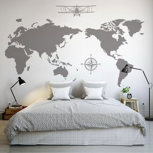 Large World map decal, Compass wall decal, Airplane Wall Decal-World map Stickers for for bedrooms, offices, classrooms, living rooms-DK385