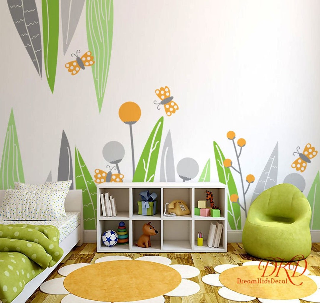 Fresh Green Palm Leaves Wall Stickers, Plants, Flowers and Butterflies ...
