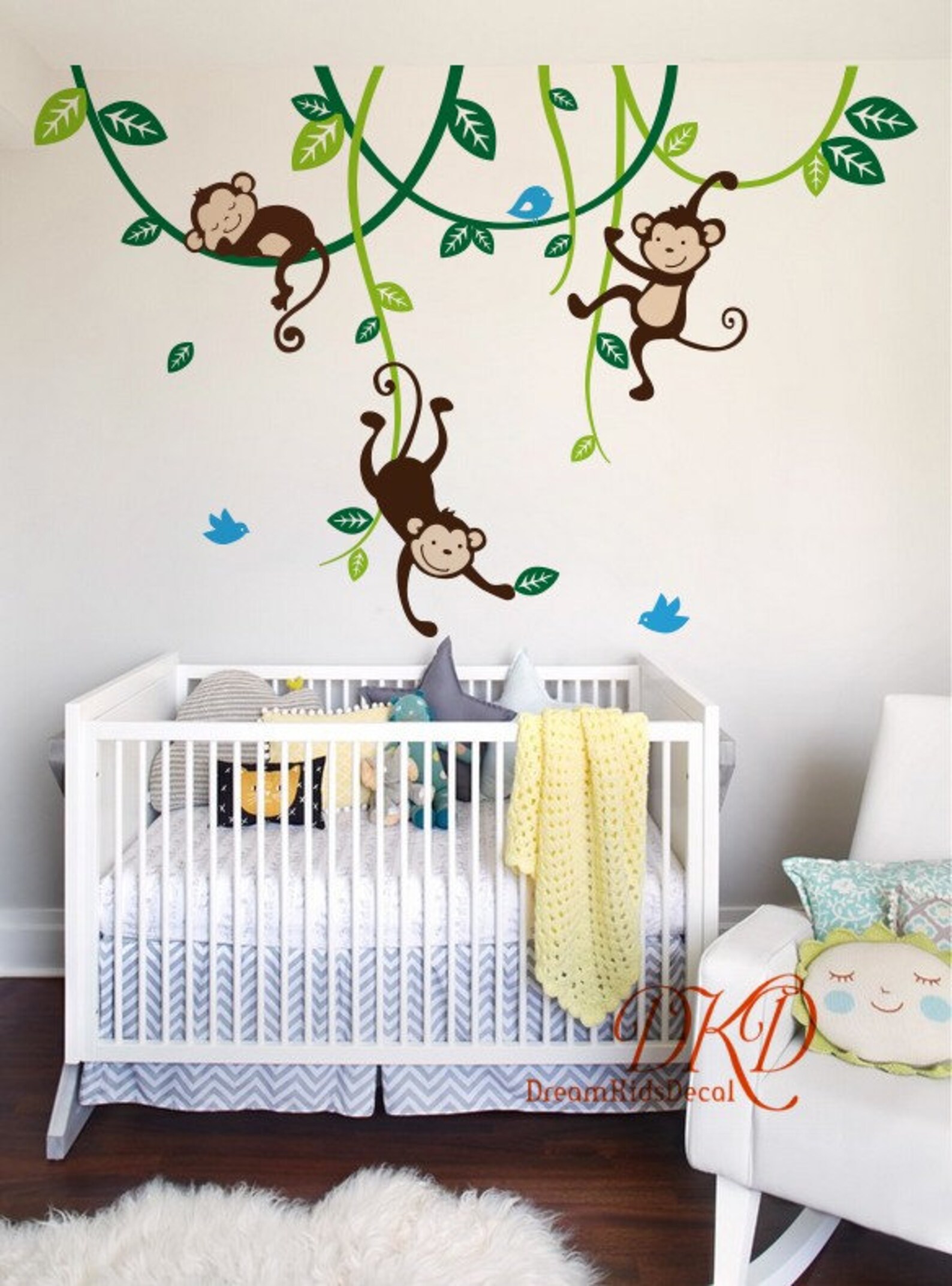 Nursery Wall Decal Jungle Monkey Wall Decals Hanging Monkeys Etsy