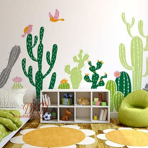 Large Wall Decal Murals, Cactus Wall Decals, Colorful Cacti Decals, Nursery Wall Decal, Tropical Pattern Plants Cactus Decor Baby room-DK383