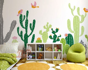 Large Wall Decal Murals, Cactus Wall Decals, Colorful Cacti Decals, Nursery Wall Decal, Tropical Pattern Plants Cactus Decor Baby room-DK383