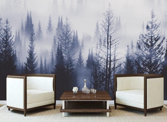 Tree Wall Mural Nursery Wallpaper Wall Mural Forest Pine Tree in in the fog light Self-adhesive Home Decor Modern Wall Art-140 x 87