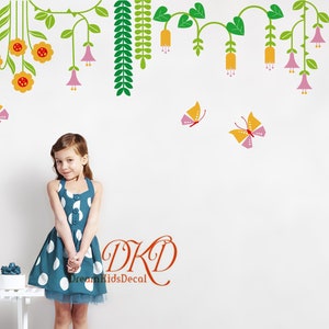 Nursery Wall Decal Baby interior wall sticker, Green Plants Nature wall decal Flower with Butterfly Wall Decor for Kids room