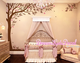 Corner Tree Wall Decal with falling leaves, Baby, nursery wall decal -Birds Wall decals, Wall Sticker home decor-DK173