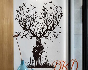 Deer Wall Decals, Deer Decal, Nursery wall decal, Nursery Decor, Deer antlers Tree Branches, Nature Deer Wall art-DK520