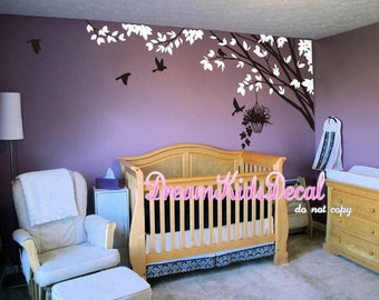 Wall Sticker Nature Wall Decal Wall Decor-Corner Tree Branch decal Birdcage with flying birds-DK020